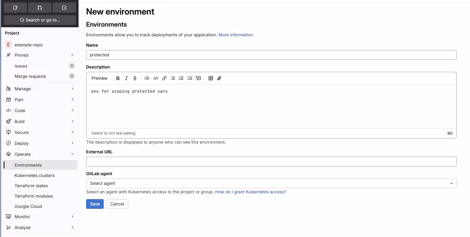define gitlab environment for protected branches