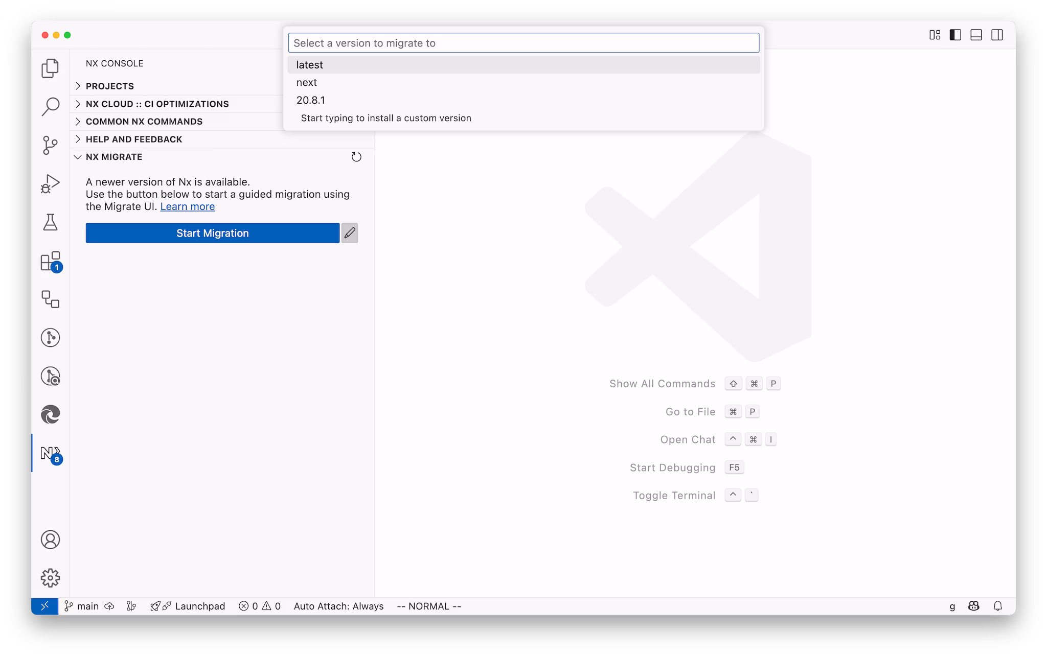 Screenshot of Migrate UI in Nx Console showing a dropdown with different versions.